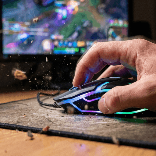 Sebuah mouse gaming berperforma tinggi dengan pencahayaan RGB di atas alas gaming