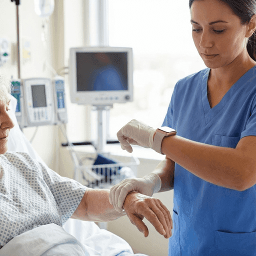 Un infermiere in camice controlla il polso di un paziente utilizzando un cronometro e un contatore.