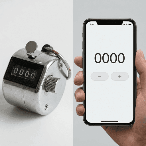 Mechaniczny licnik umieszczony obok smartfona z aplikacją liczącą.