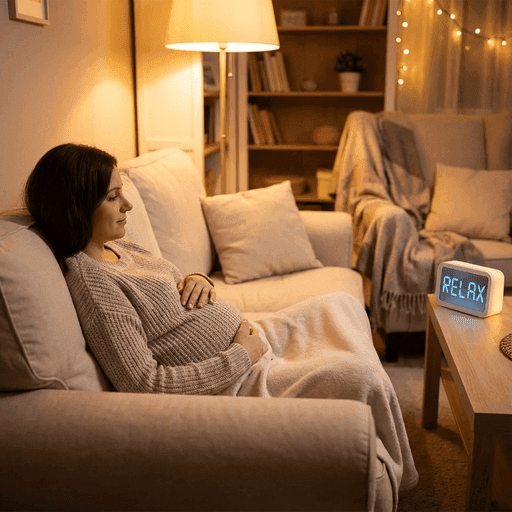 Bir hamile kadın, kick counter uygulamasını kullanarak bir kanepede dinleniyor.