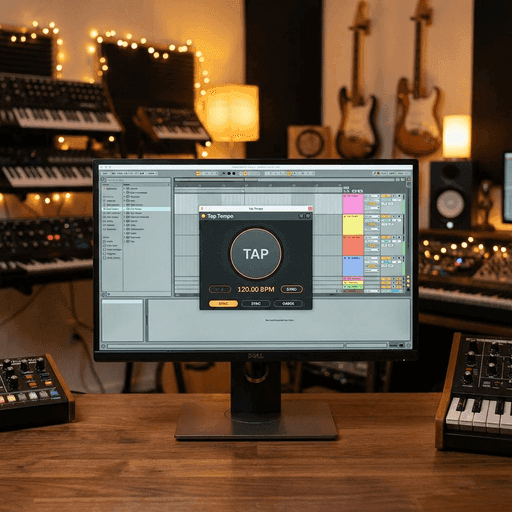 Un produttore musicale professionista che lavora in una DAW con plugin di tempo visibili.